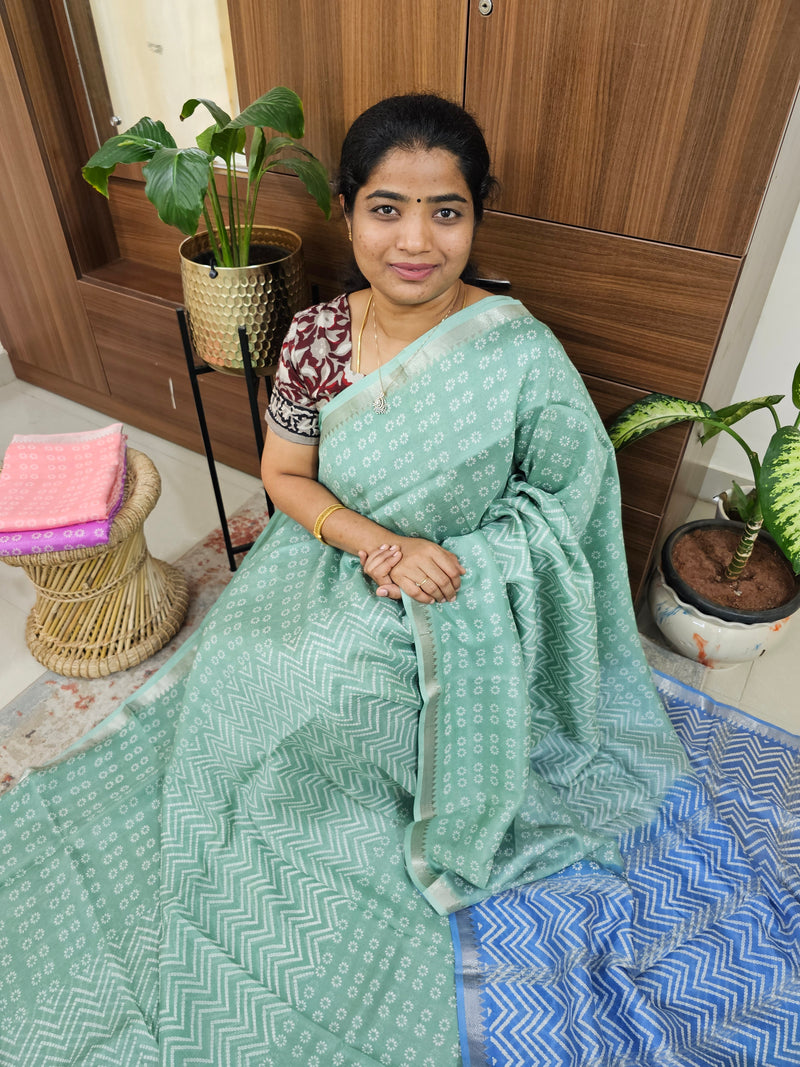 Handwoven Mangalagiri Pattu Saree with Bandhini Digital Prints  - Pista Green with Blue