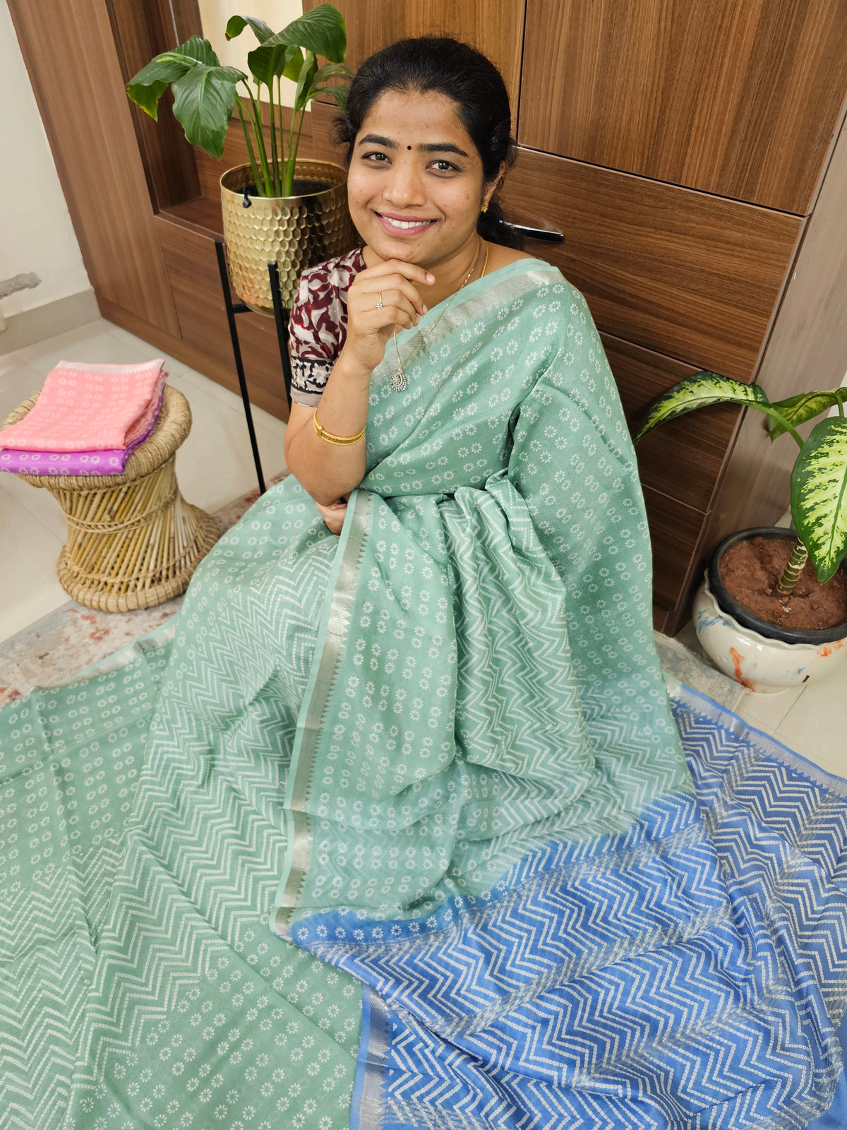 Handwoven Mangalagiri Pattu Saree with Bandhini Digital Prints  - Pista Green with Blue