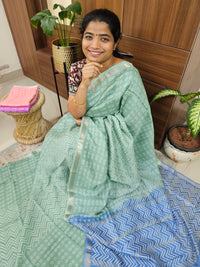Handwoven Mangalagiri Pattu Saree with Bandhini Digital Prints  - Pista Green with Blue