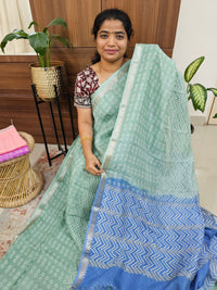 Handwoven Mangalagiri Pattu Saree with Bandhini Digital Prints  - Pista Green with Blue