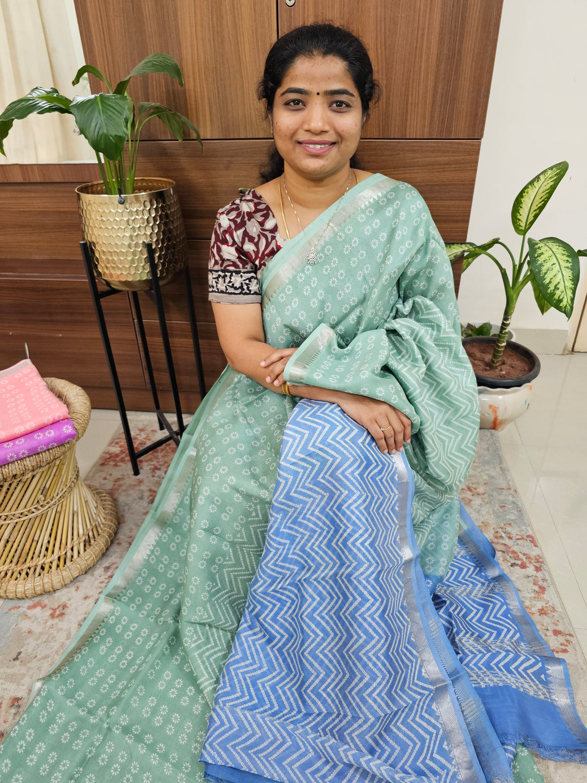 Handwoven Mangalagiri Pattu Saree with Bandhini Digital Prints  - Pista Green with Blue