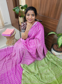 Handwoven Mangalagiri Pattu Saree with Bandhini Digital Prints  - Pink with Green