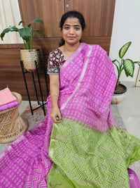 Handwoven Mangalagiri Pattu Saree with Bandhini Digital Prints  - Pink with Green
