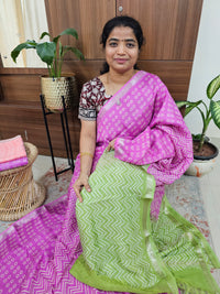 Handwoven Mangalagiri Pattu Saree with Bandhini Digital Prints  - Pink with Green