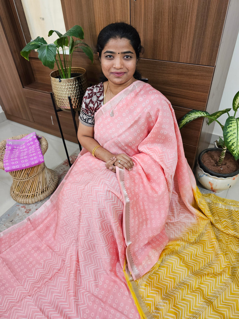Handwoven Mangalagiri Pattu Saree with Bandhini Digital Prints  - Peach with Mango Yellow