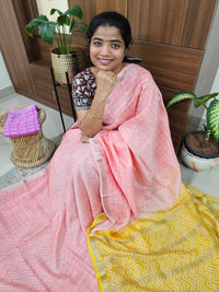 Handwoven Mangalagiri Pattu Saree with Bandhini Digital Prints  - Peach with Mango Yellow