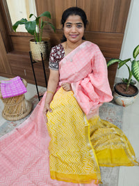 Handwoven Mangalagiri Pattu Saree with Bandhini Digital Prints  - Peach with Mango Yellow