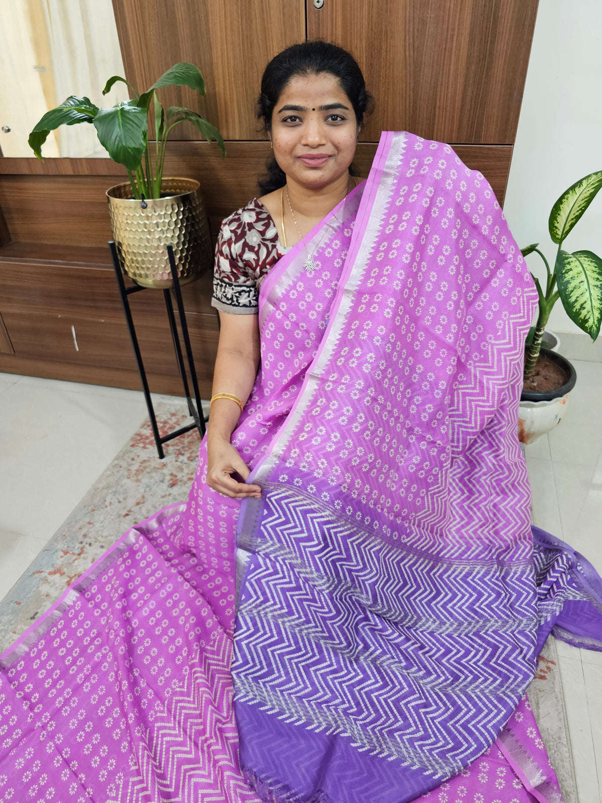 Handwoven Mangalagiri Pattu Saree with Bandhini Digital Prints  - Lavender with Violet