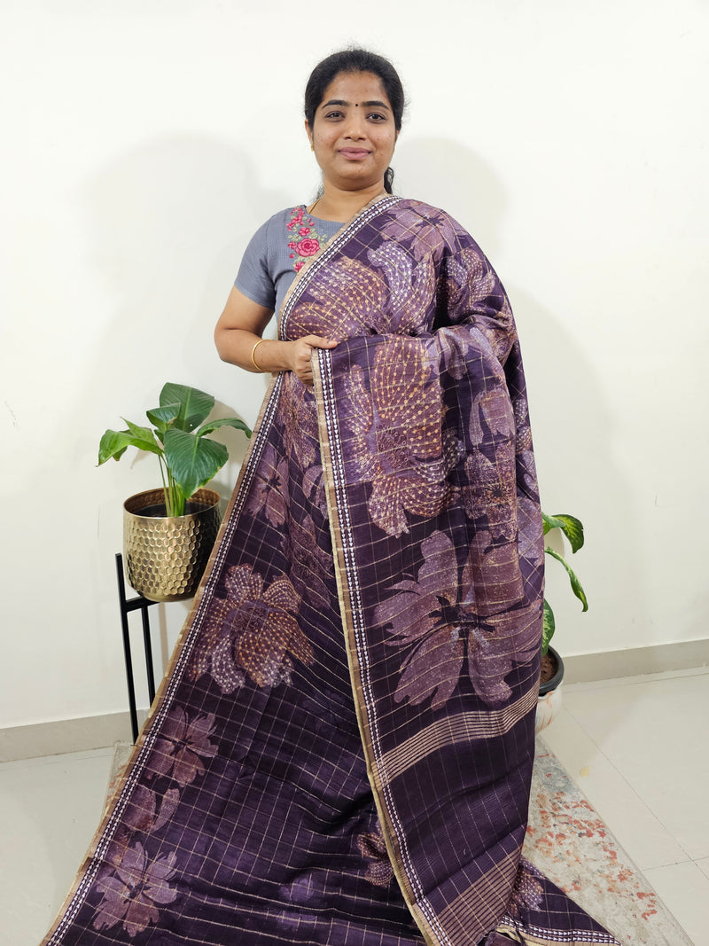 Semi Tussar Checks with Floral Prints - Dark Purple