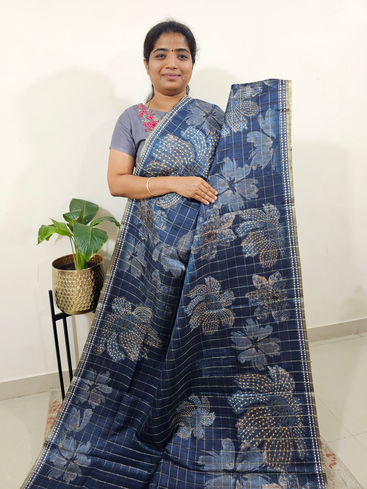 Semi Tussar Checks with Floral Prints - Dark Peacock Blue