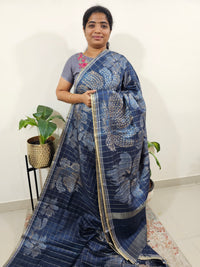 Semi Tussar Checks with Floral Prints - Dark Peacock Blue