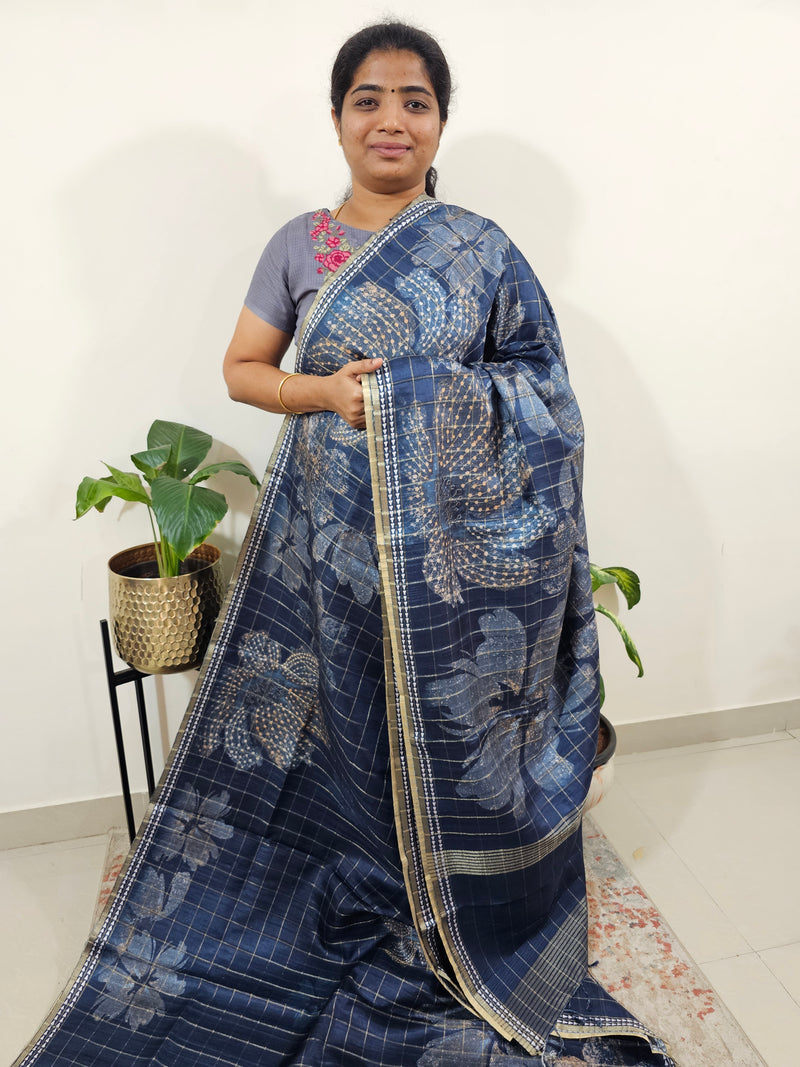 Semi Tussar Checks with Floral Prints - Dark Peacock Blue