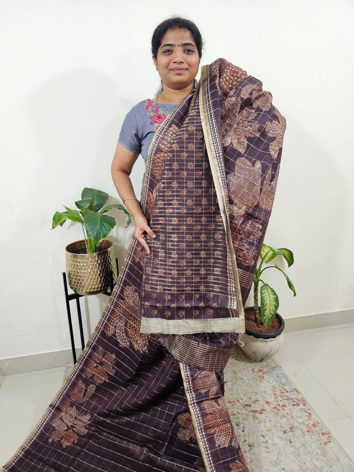Semi Tussar Checks with Floral Prints - Dark Brown
