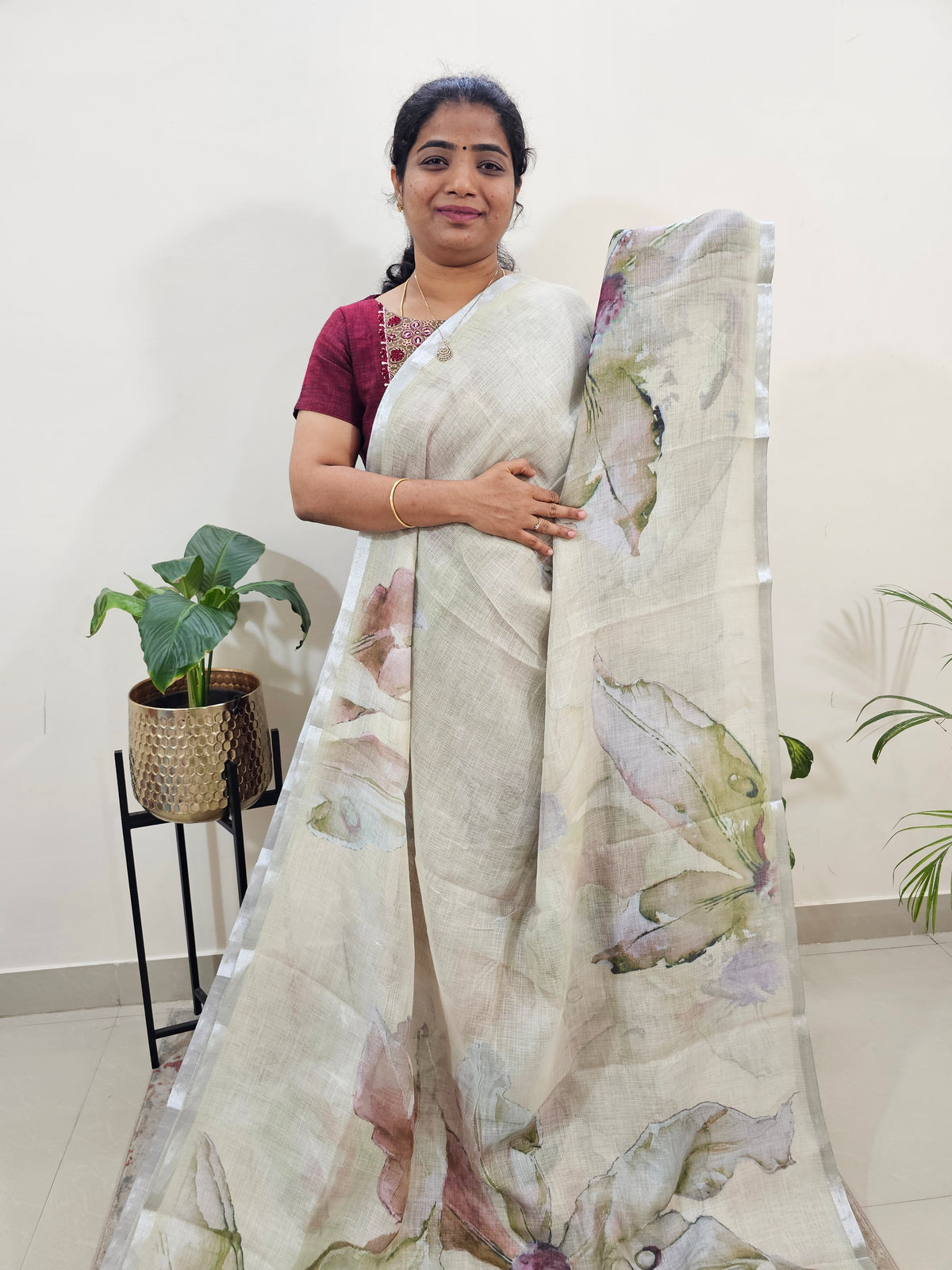 Linen Kota with Digital Printed Sarees - Green