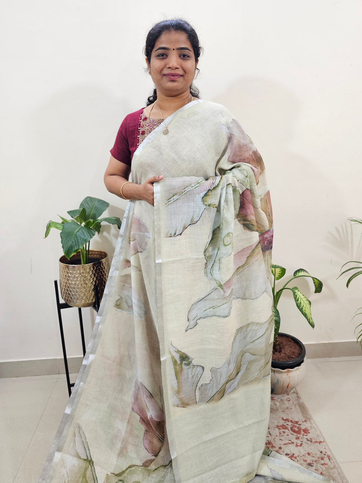Linen Kota with Digital Printed Sarees - Green