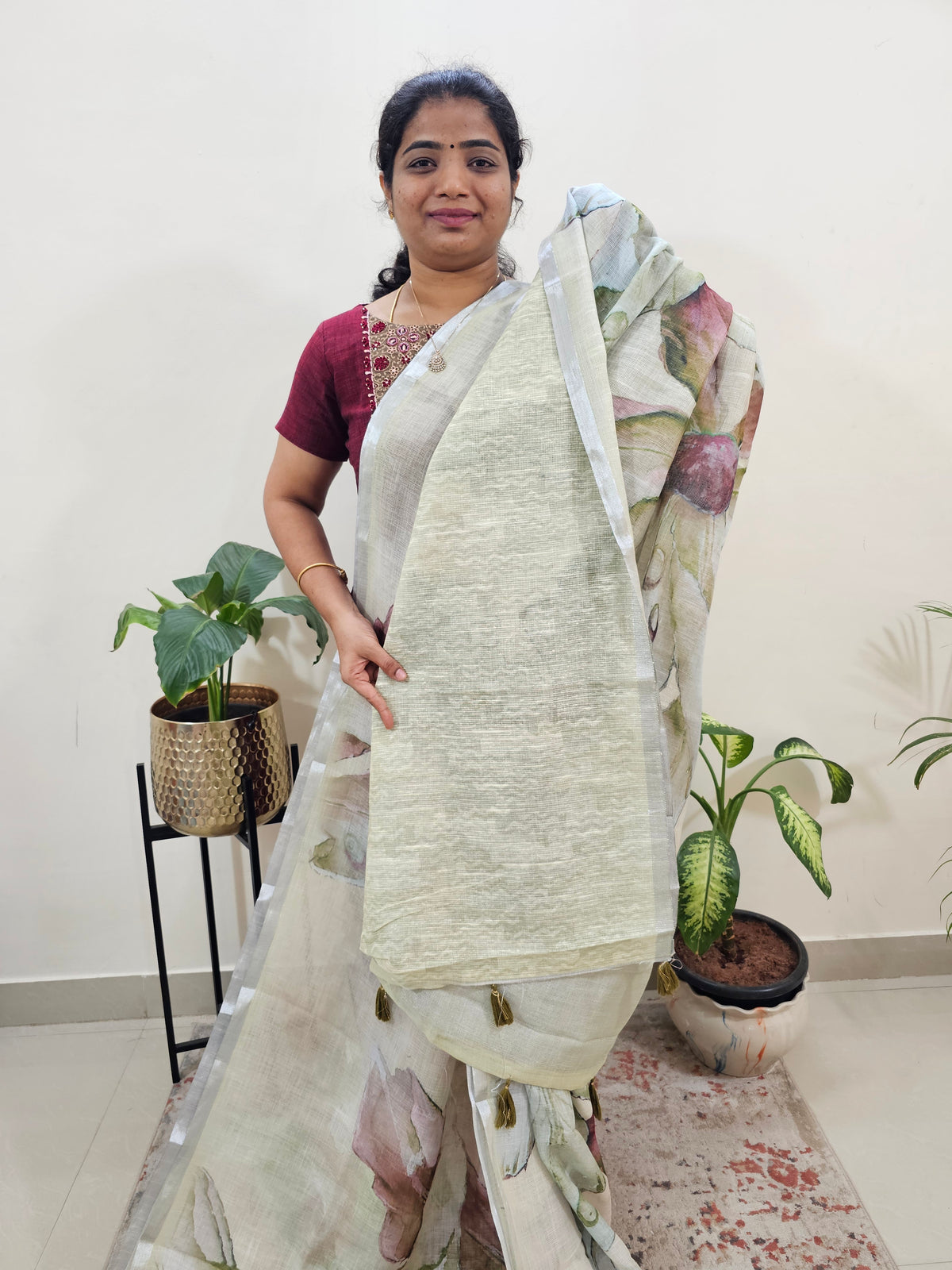 Linen Kota with Digital Printed Sarees - Green