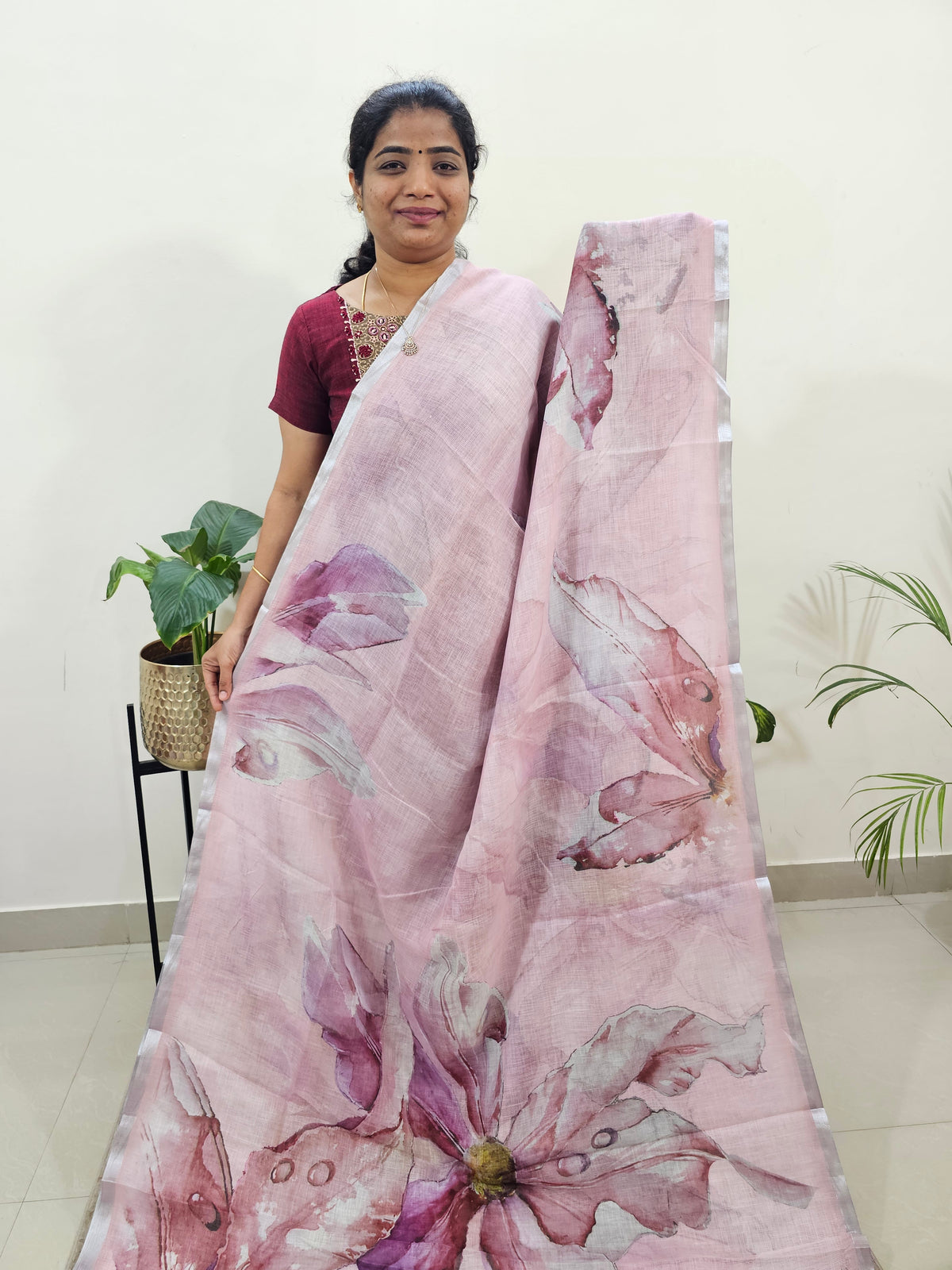 Linen Kota with Digital Printed Sarees - Onion Pink