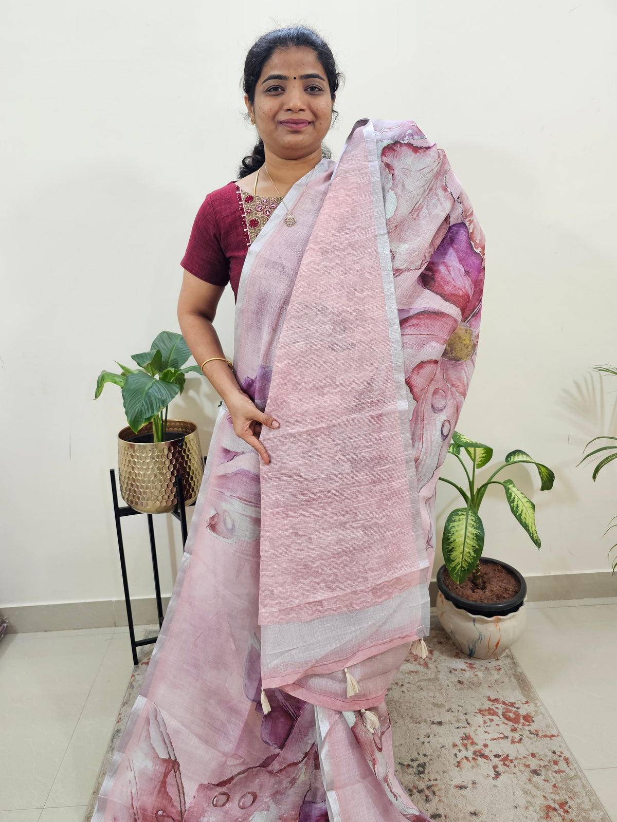 Linen Kota with Digital Printed Sarees - Onion Pink