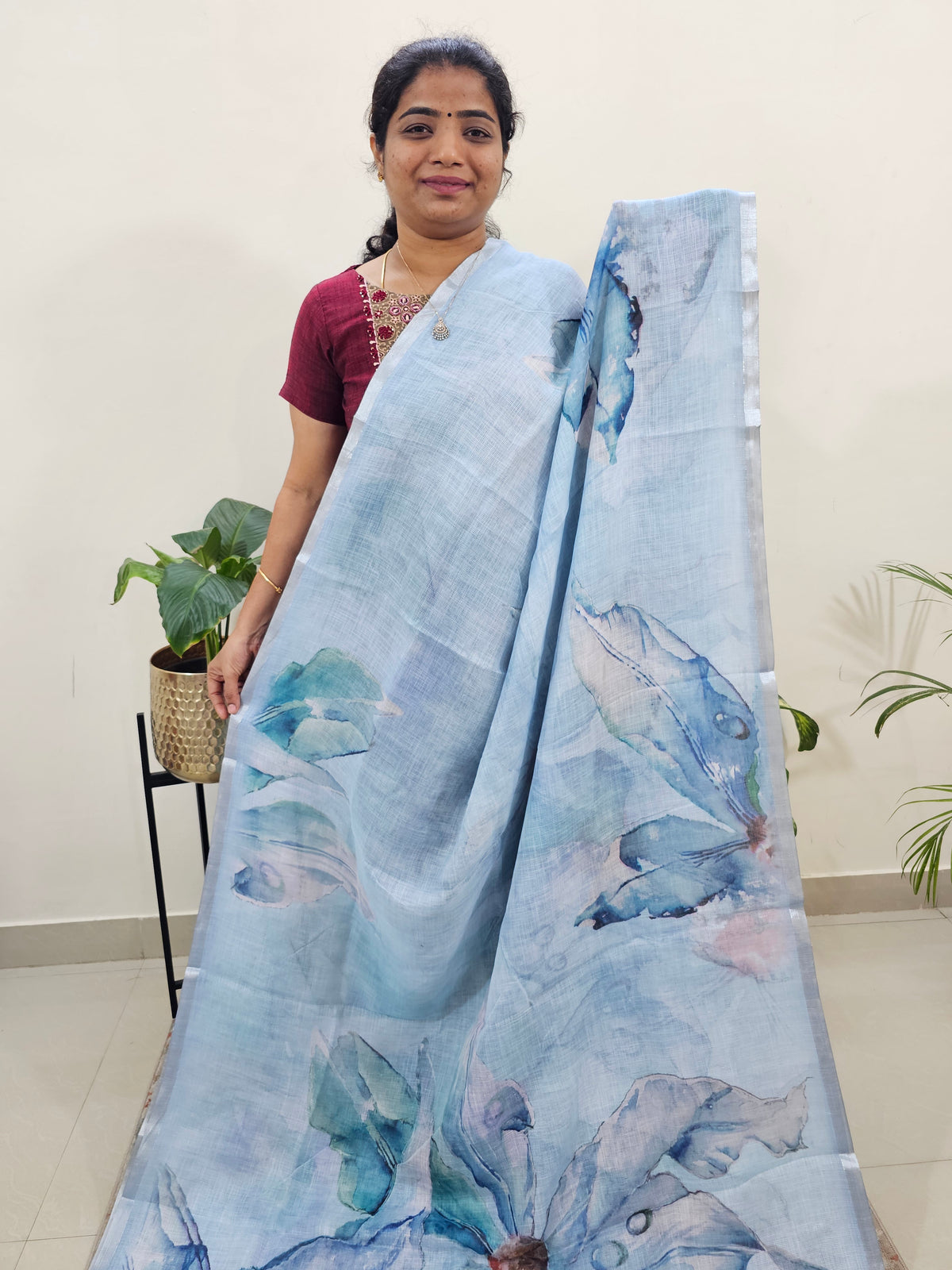 Linen Kota with Digital Printed Sarees - Blue