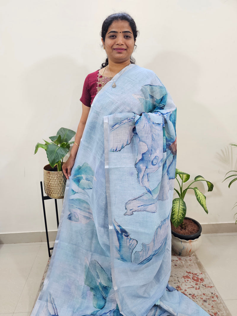 Linen Kota with Digital Printed Sarees - Blue