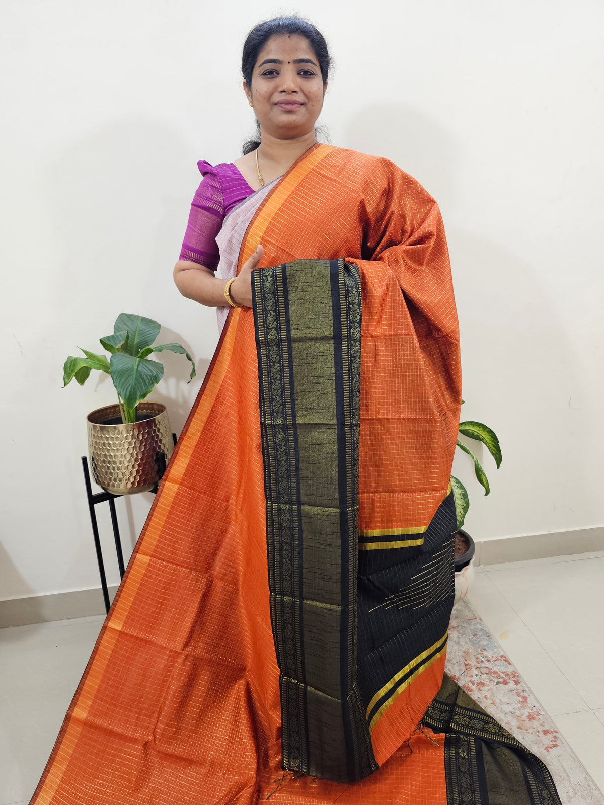 Raw Silk Saree - Orange with Black
