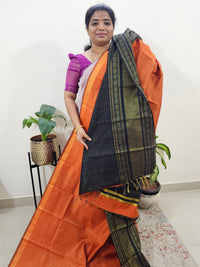 Raw Silk Saree - Orange with Black