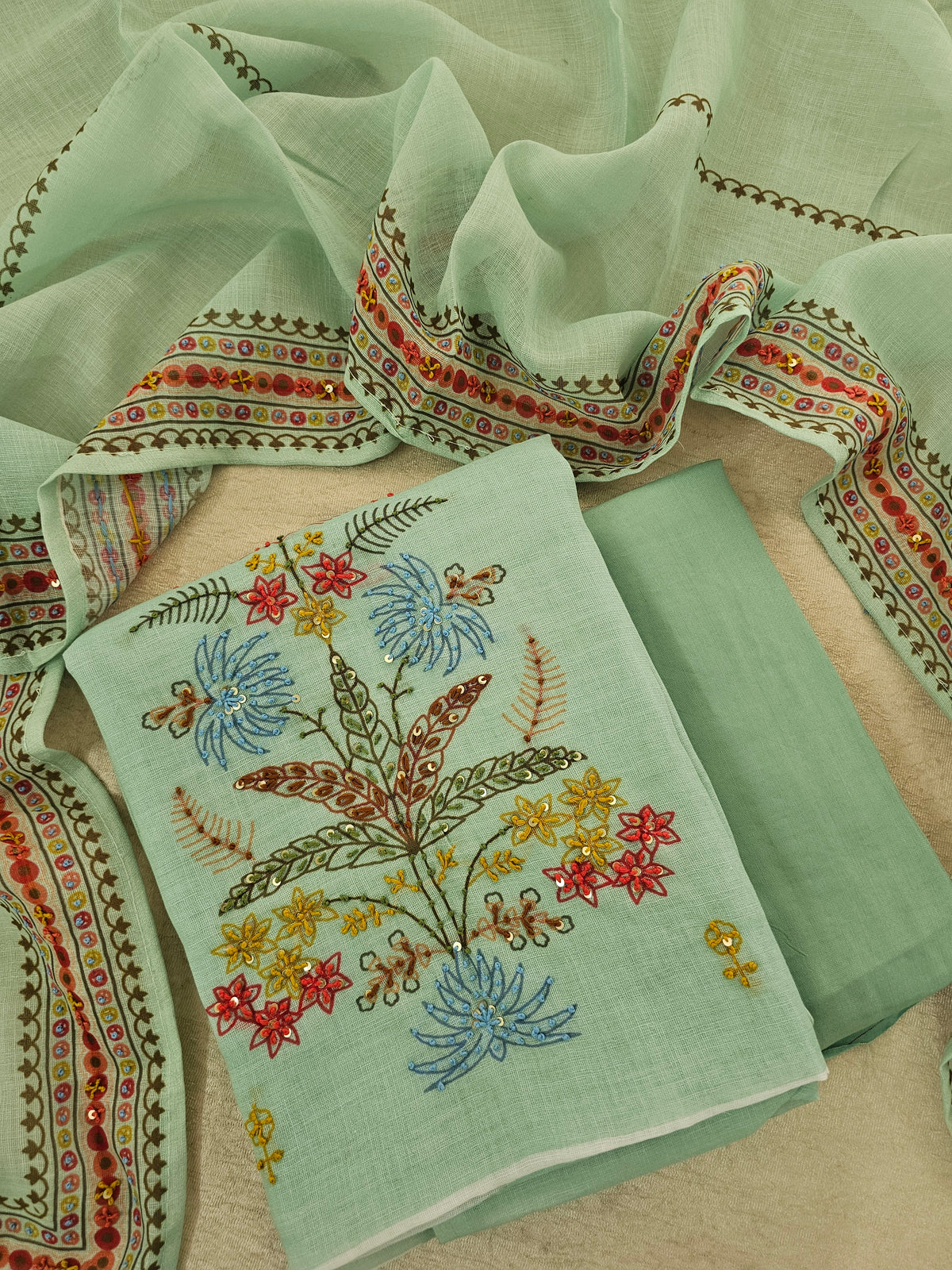 Soft Linen Unstitched Salwar - Sea Green cum Blue