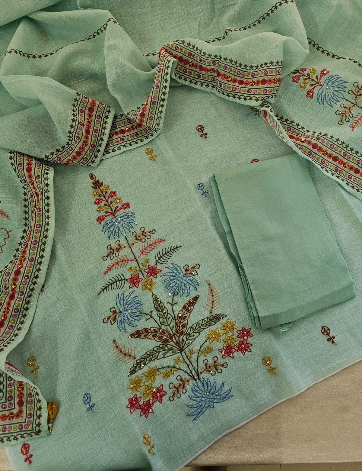 Soft Linen Unstitched Salwar - Sea Green cum Blue