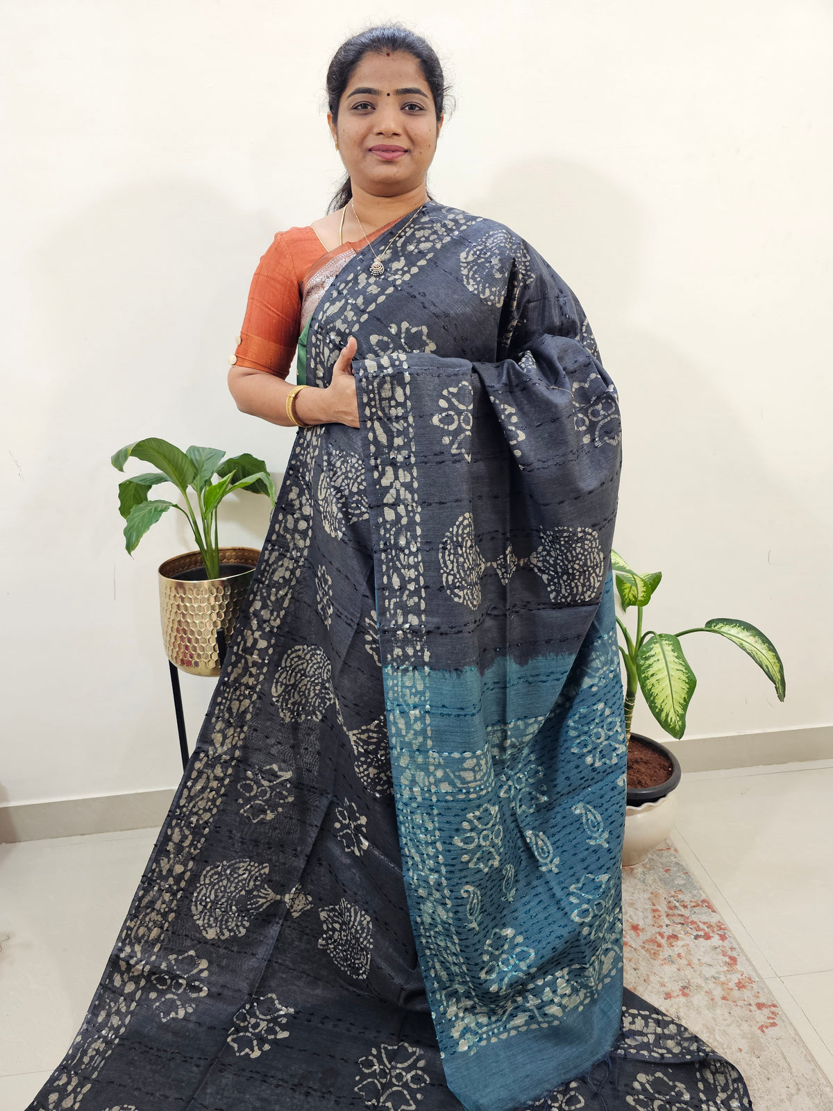 Bhagalpuri Batik Print - Grey with Sea Green