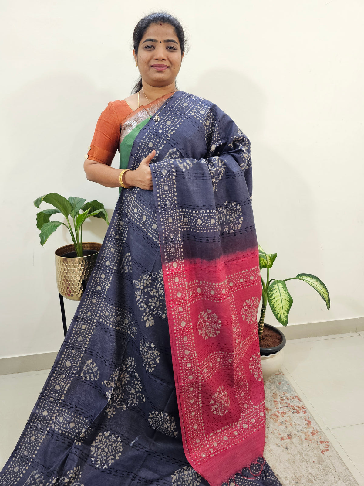 Bhagalpuri Batik Print - Blue with Pink
