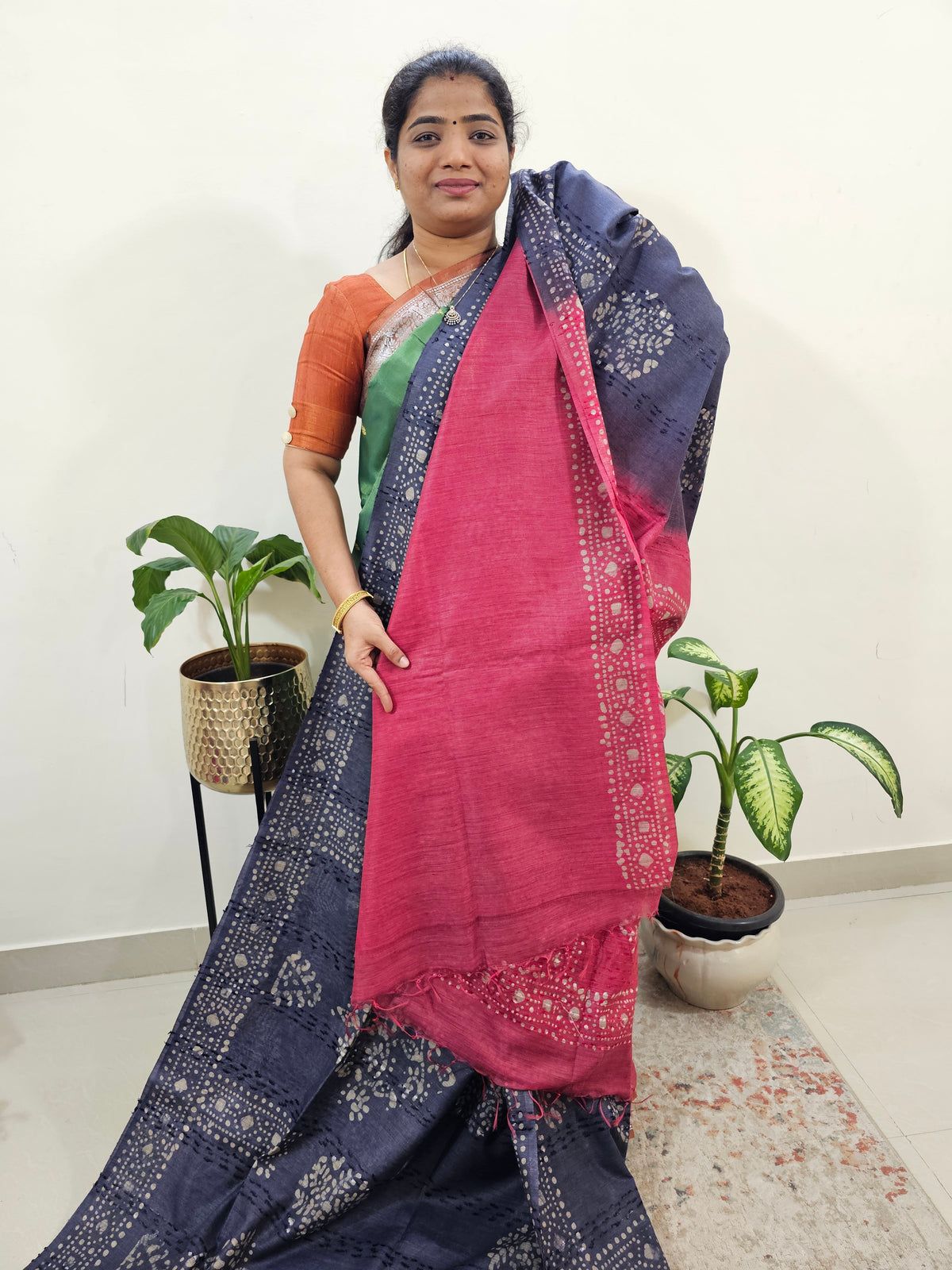Bhagalpuri Batik Print - Blue with Pink