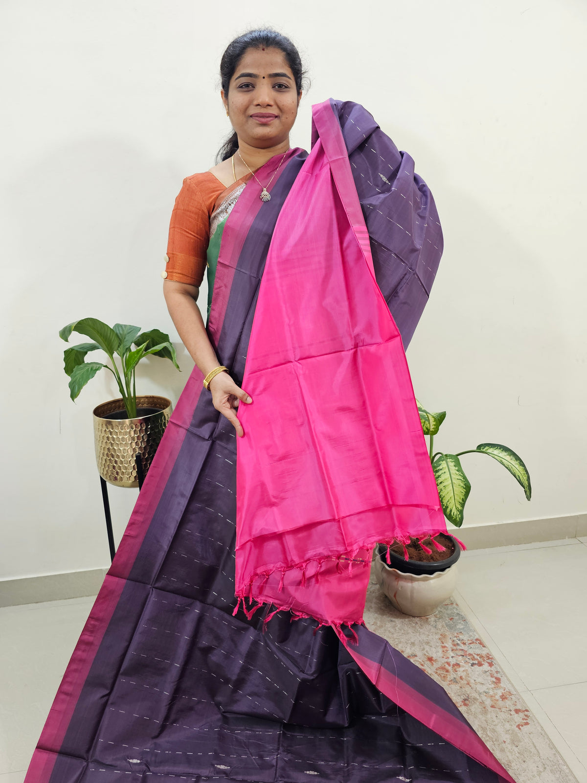 Chinnalampattu Saree with Blouse - Dark Purple with Pink