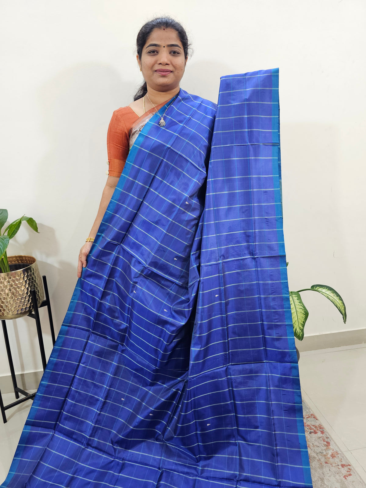 Chinnalampattu Saree with Blouse - Blue Checks with Sea Green