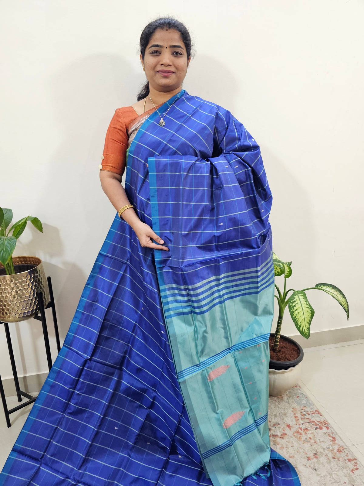 Chinnalampattu Saree with Blouse - Blue Checks with Sea Green