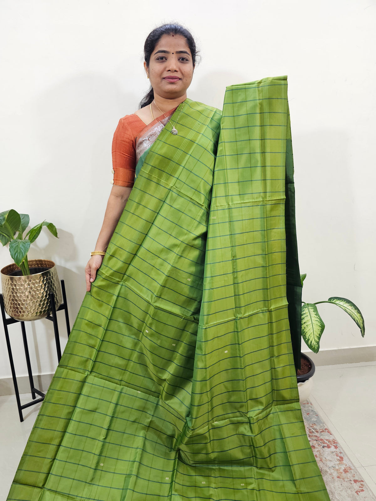 Chinnalampattu Saree with Blouse - Green Checks with Dark Green