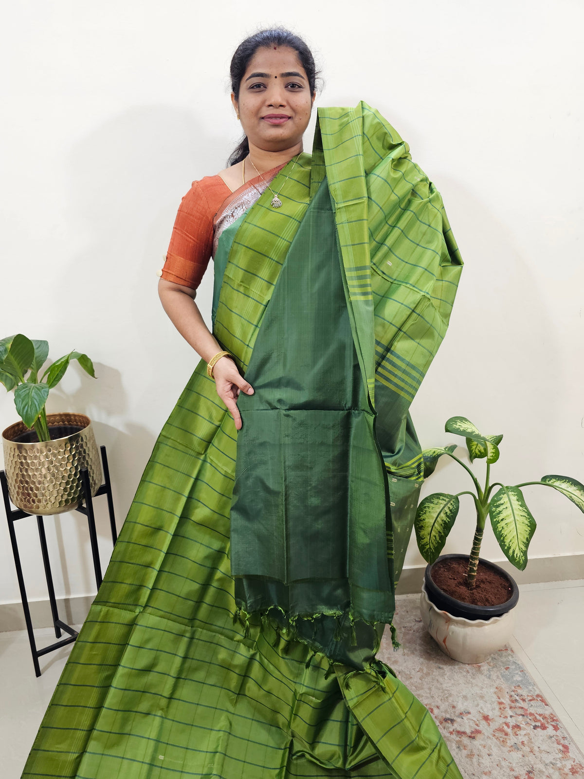 Chinnalampattu Saree with Blouse - Green Checks with Dark Green