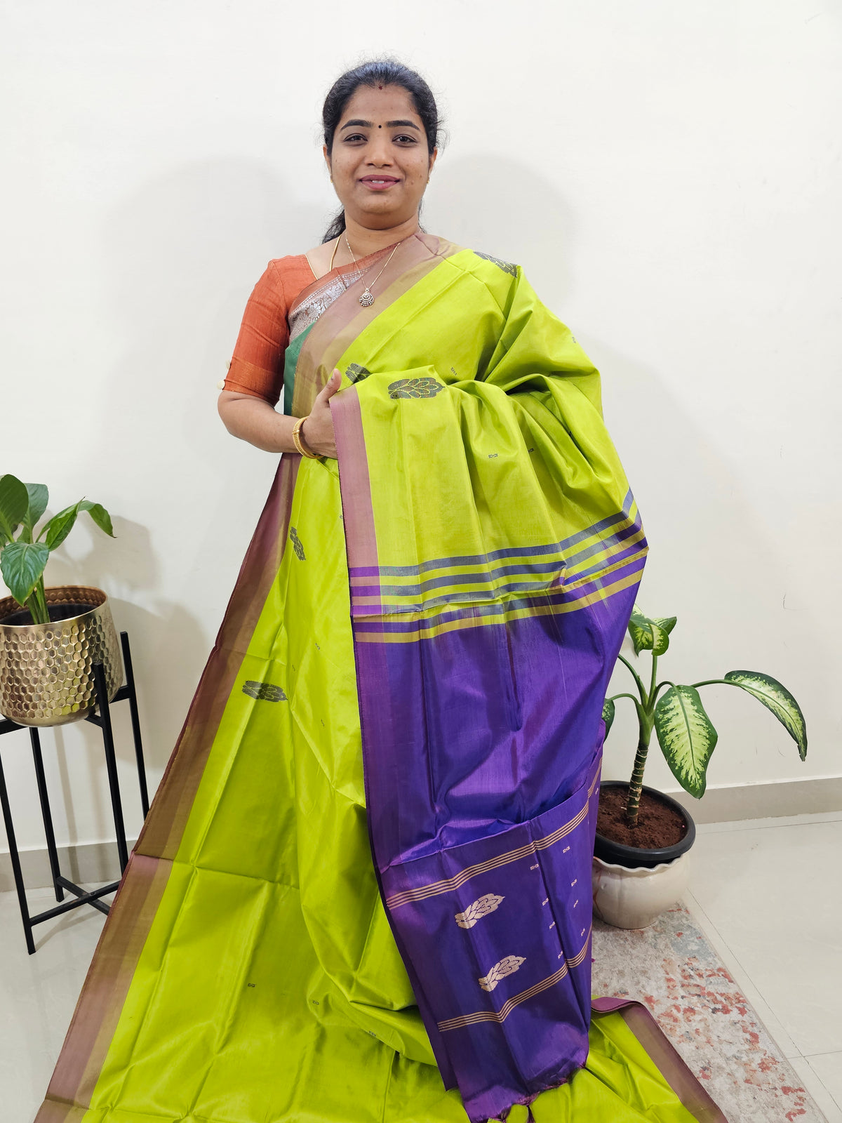 Chinnalampattu Saree with Blouse - Lime Green with Purple