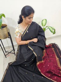 Pure Handloom Maheshwari Silk Cotton Weaves - Black with Maroon