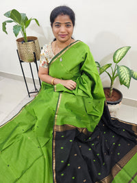 Pure Handloom Maheshwari Silk Cotton Weaves - Green with Black