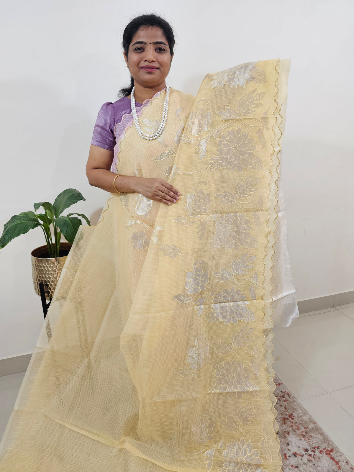 Premium Kota Designer Saree with Classy Patch Work - Pastel Yellow