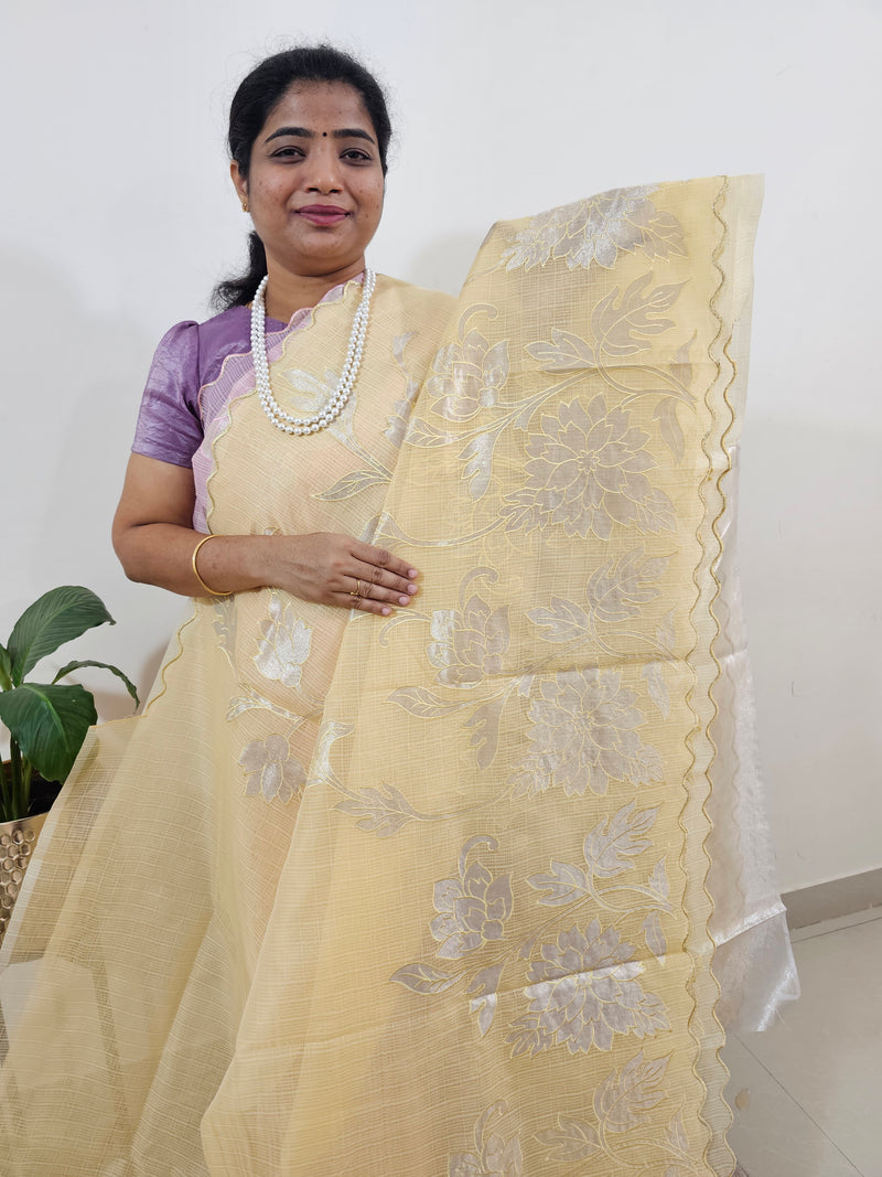 Premium Kota Designer Saree with Classy Patch Work - Pastel Yellow