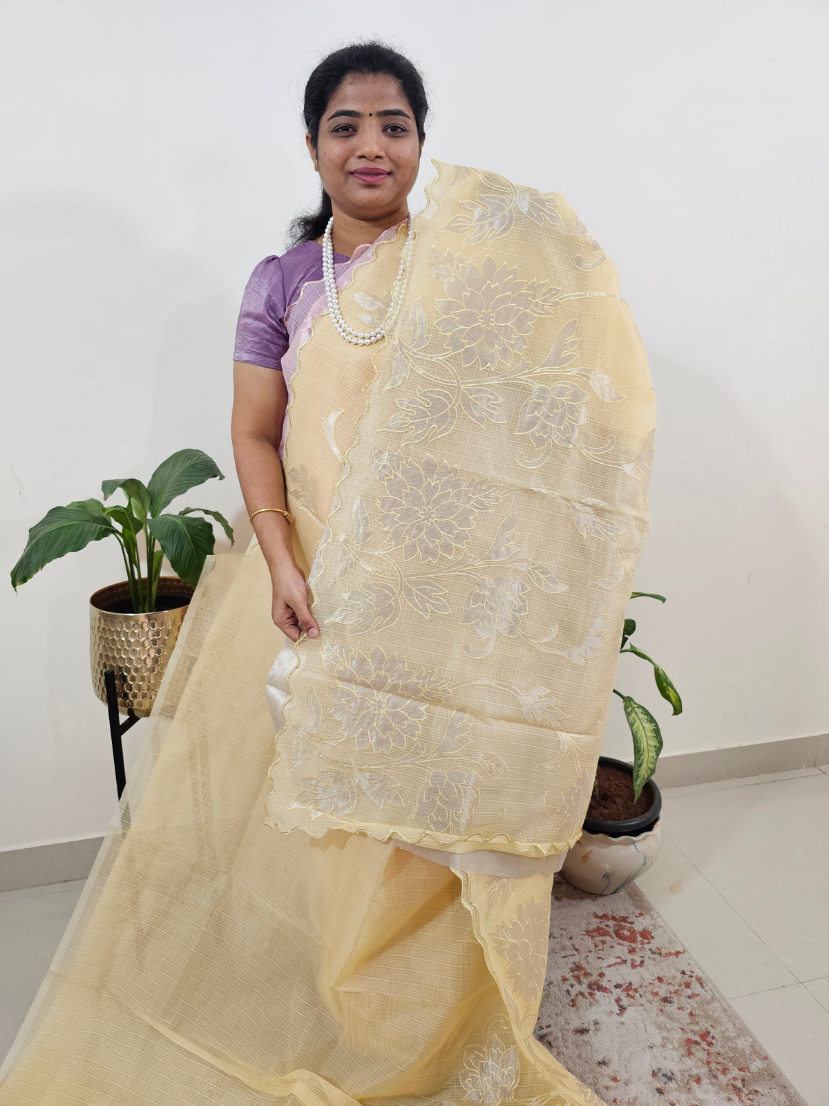 Premium Kota Designer Saree with Classy Patch Work - Pastel Yellow