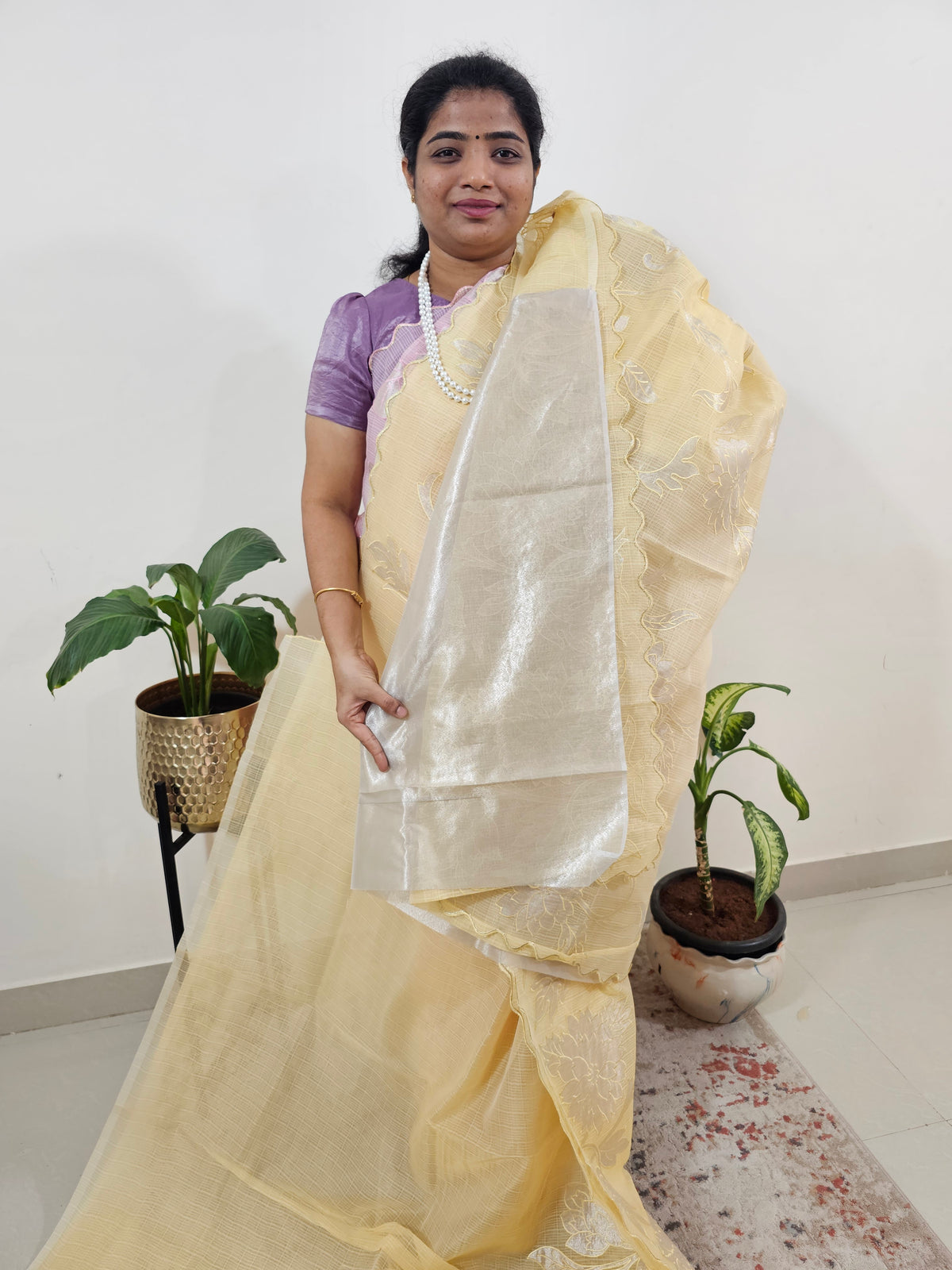 Premium Kota Designer Saree with Classy Patch Work - Pastel Yellow