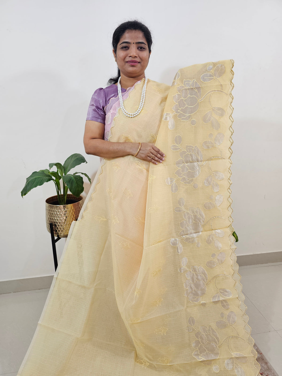 Premium Kota Designer Saree with Classy Patch Work - Pastel Yellow