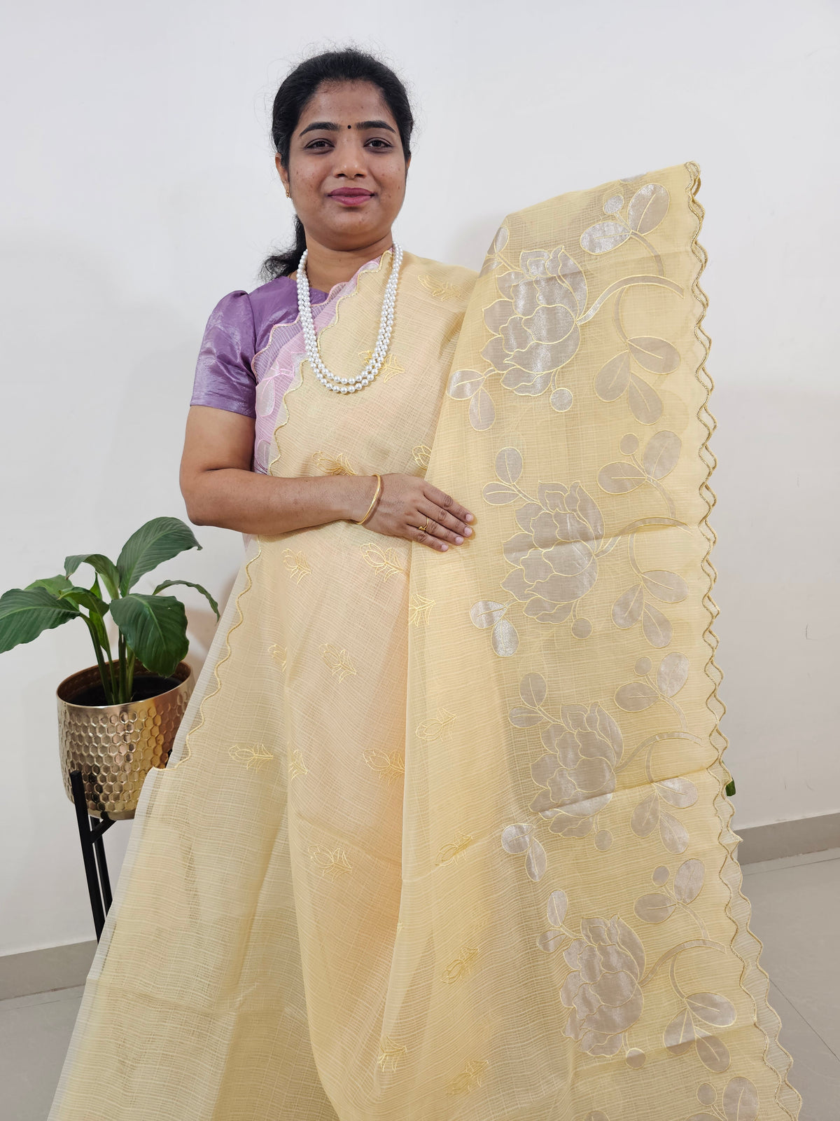Premium Kota Designer Saree with Classy Patch Work - Pastel Yellow