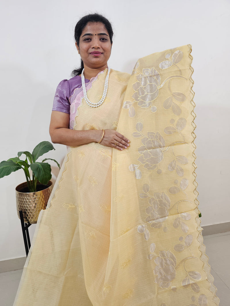 Premium Kota Designer Saree with Classy Patch Work - Pastel Yellow