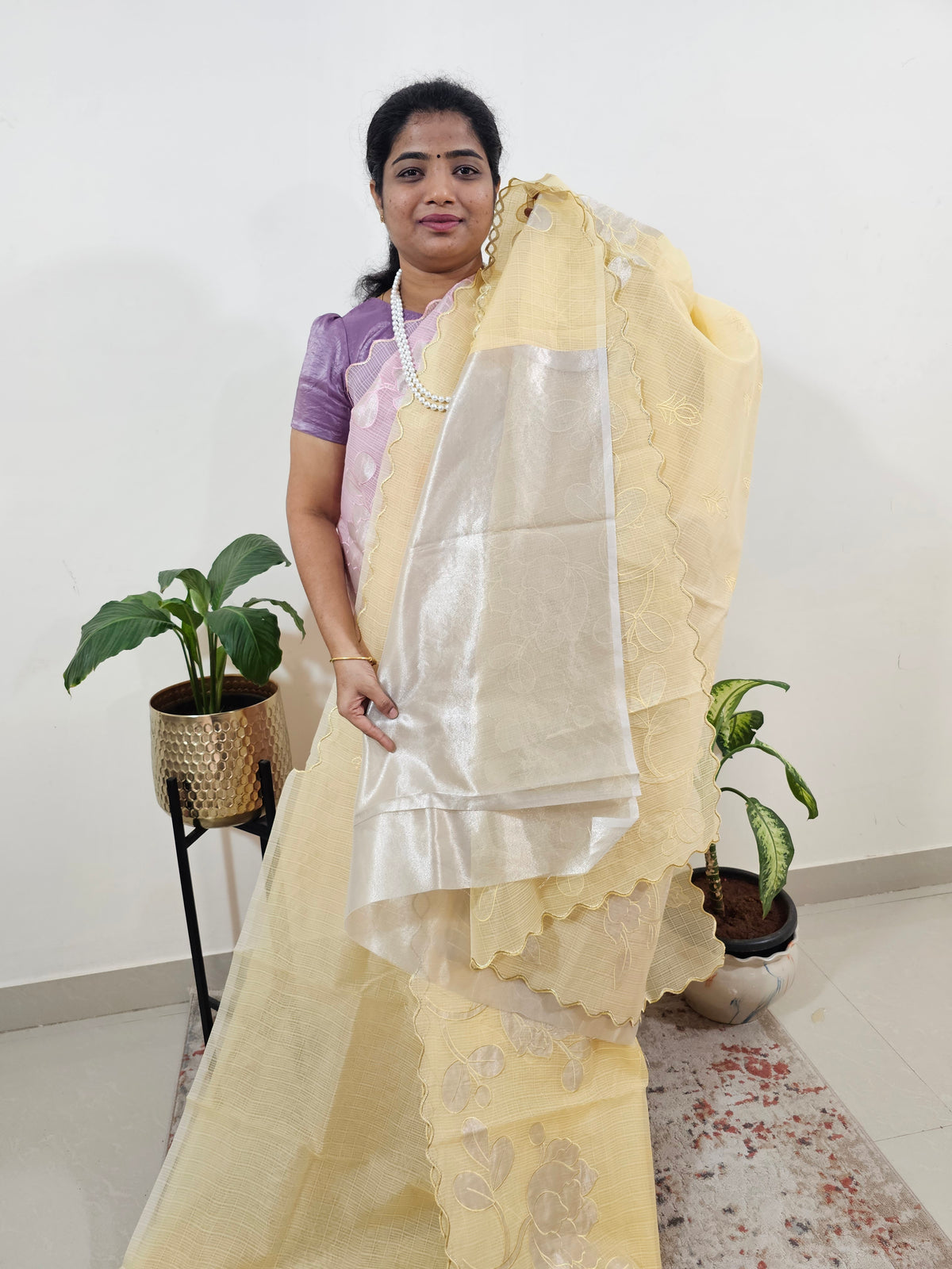 Premium Kota Designer Saree with Classy Patch Work - Pastel Yellow
