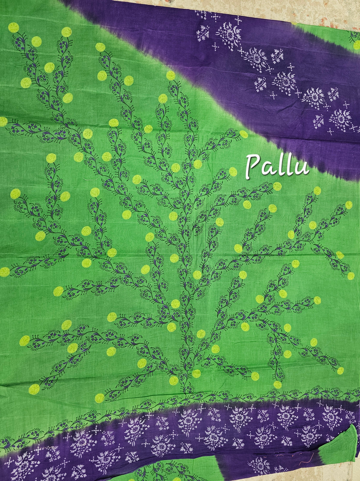 Pure Cotton with Hand Block Prints - Purple with Green