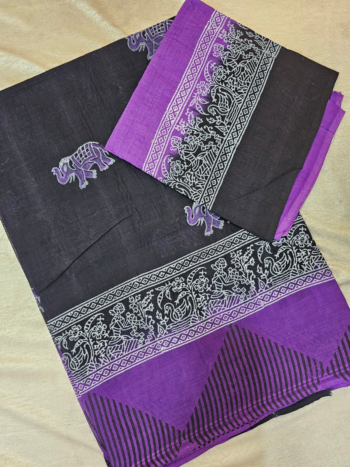 Pure Cotton with Hand Block Prints - Black with Purple