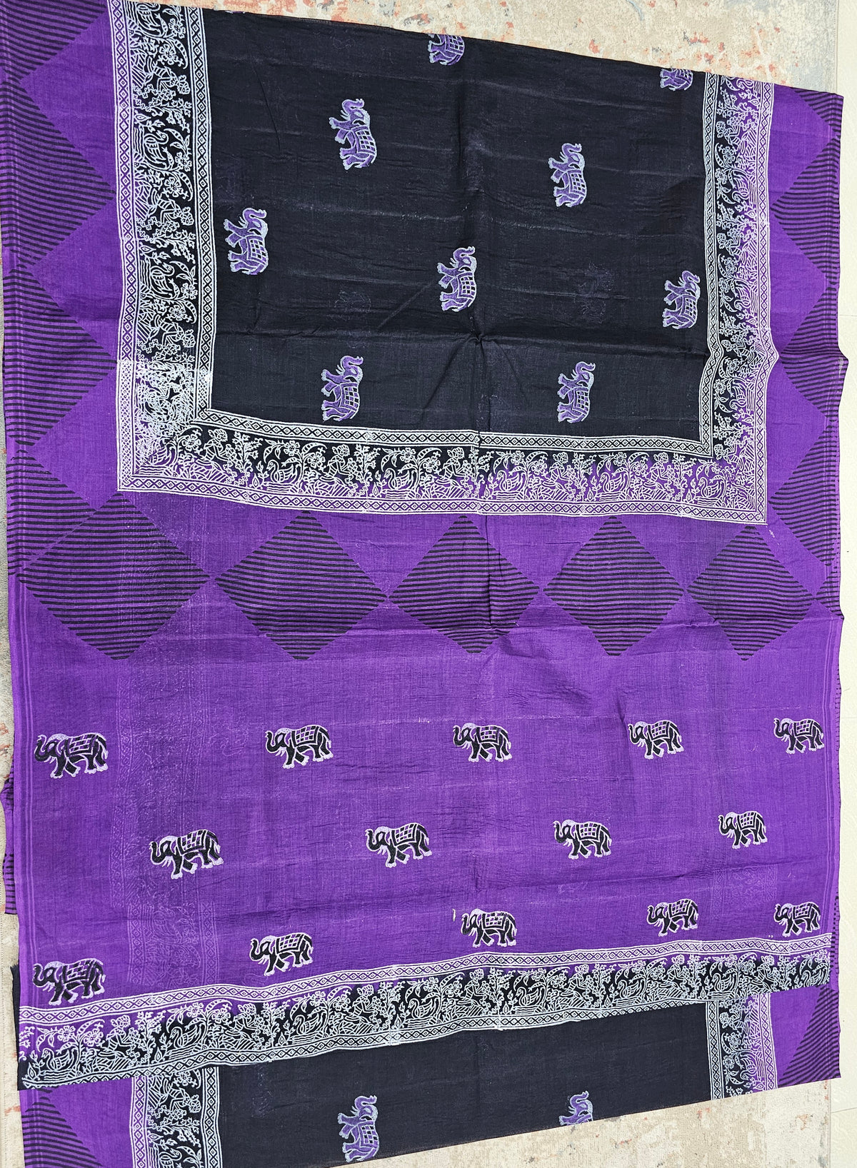 Pure Cotton with Hand Block Prints - Black with Purple